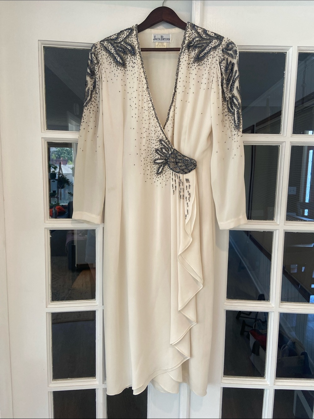 Vintage 80s Jack Bryan Cream Midi Cocktail Wrap Dress with Beaded Embellishment